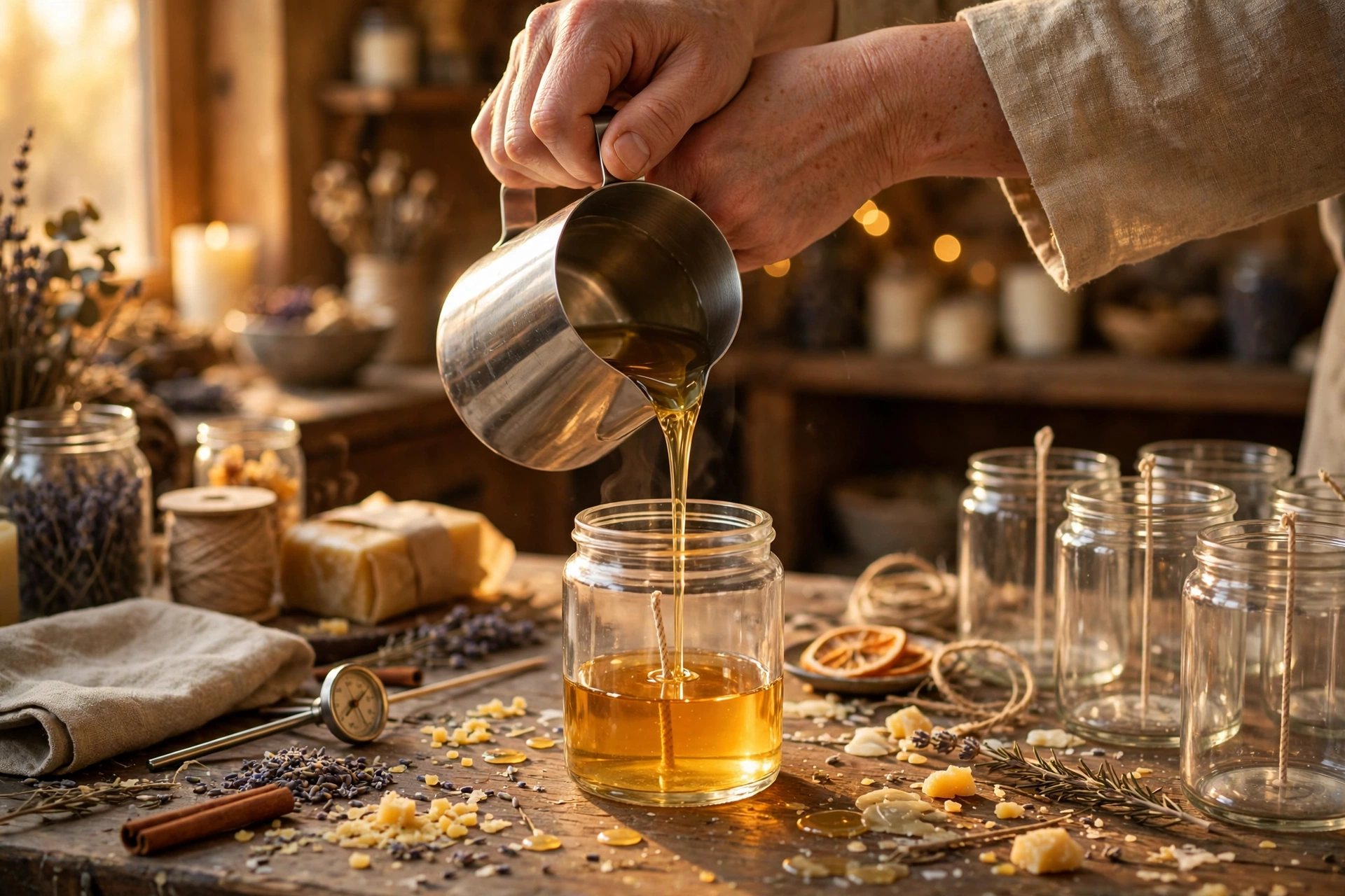 Bàn tay đang đổ sáp nến đang tan trong xưởng thủ công